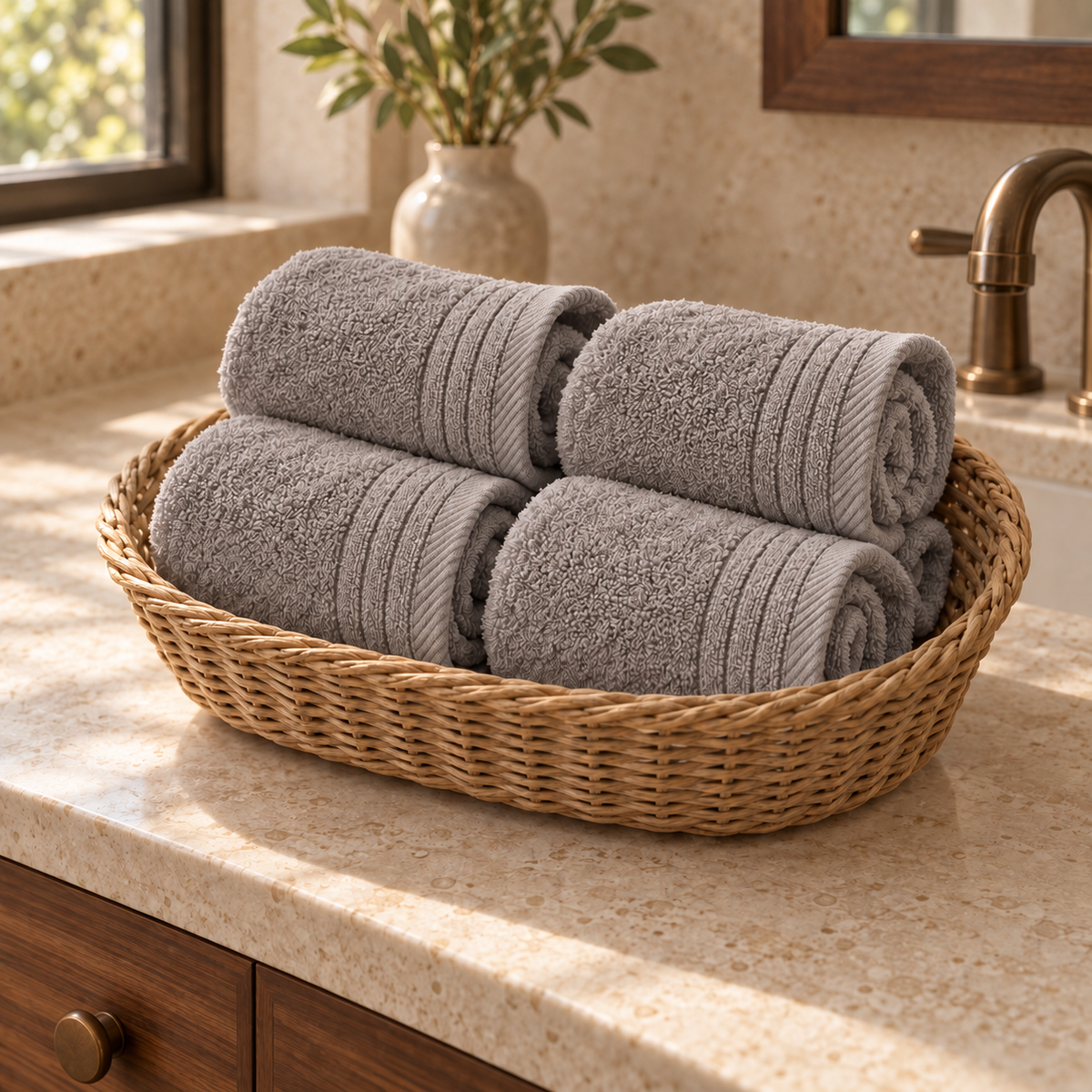 Essential 550 GSM Face Towel 30x30 cm in Cafe - Rolled Basket; each towel sold separately
