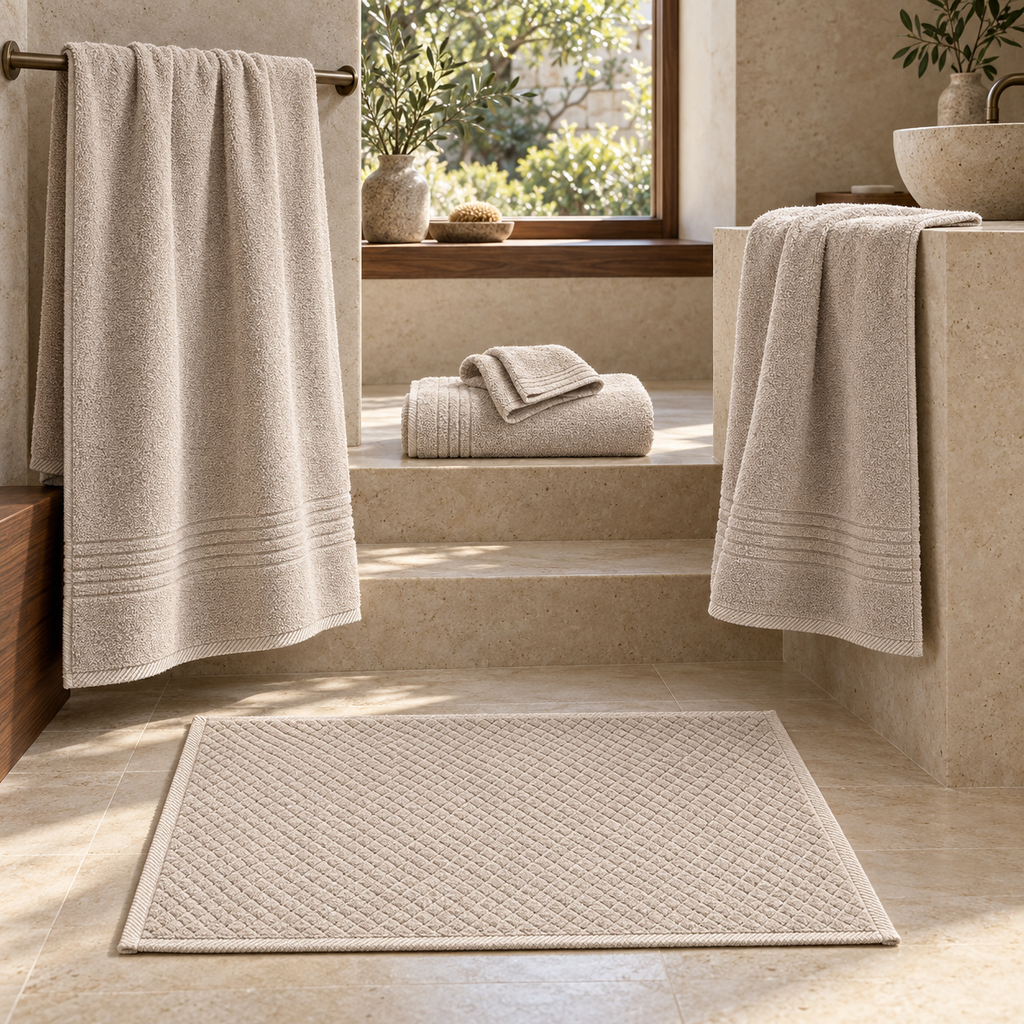 Essential towels and Diamond bath mat in Beige - bathroom collection styling; each item sold separately