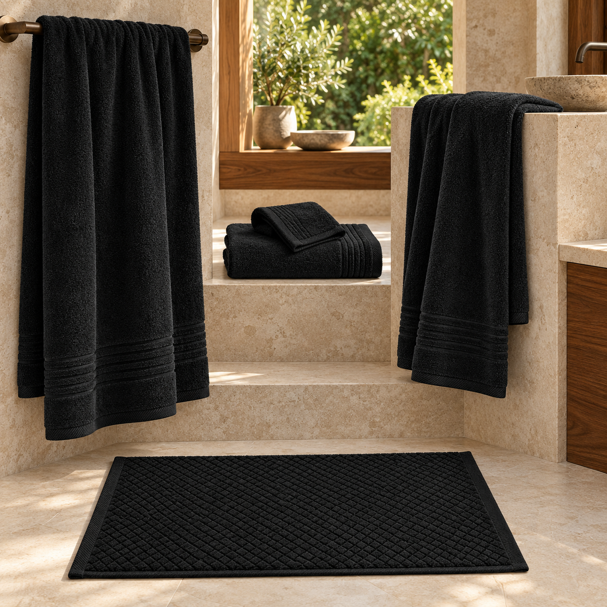 Essential towels and Diamond bath mat in Black - bathroom collection styling; each item sold separately