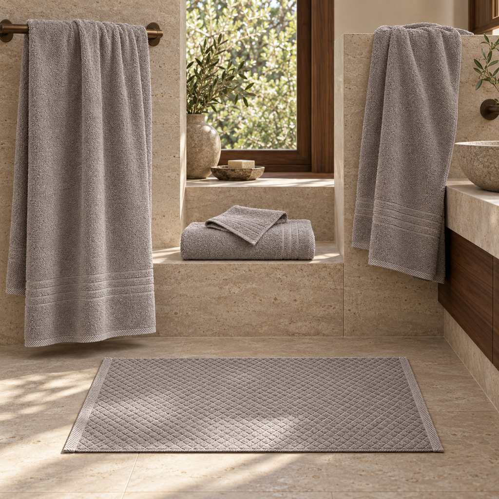 Essential towels and Diamond bath mat in Cafe - bathroom collection styling; each item sold separately