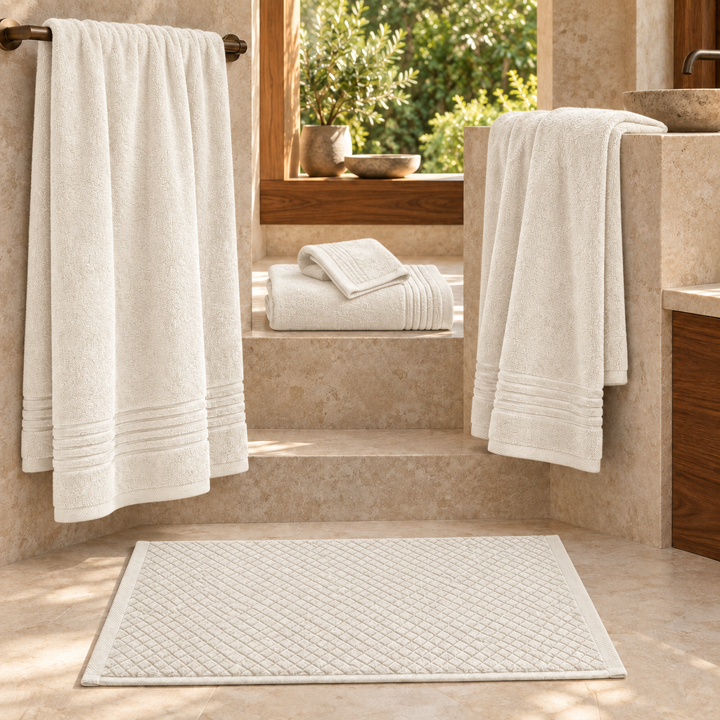 Essential towels and Diamond bath mat in Offwhite - bathroom collection styling; each item sold separately