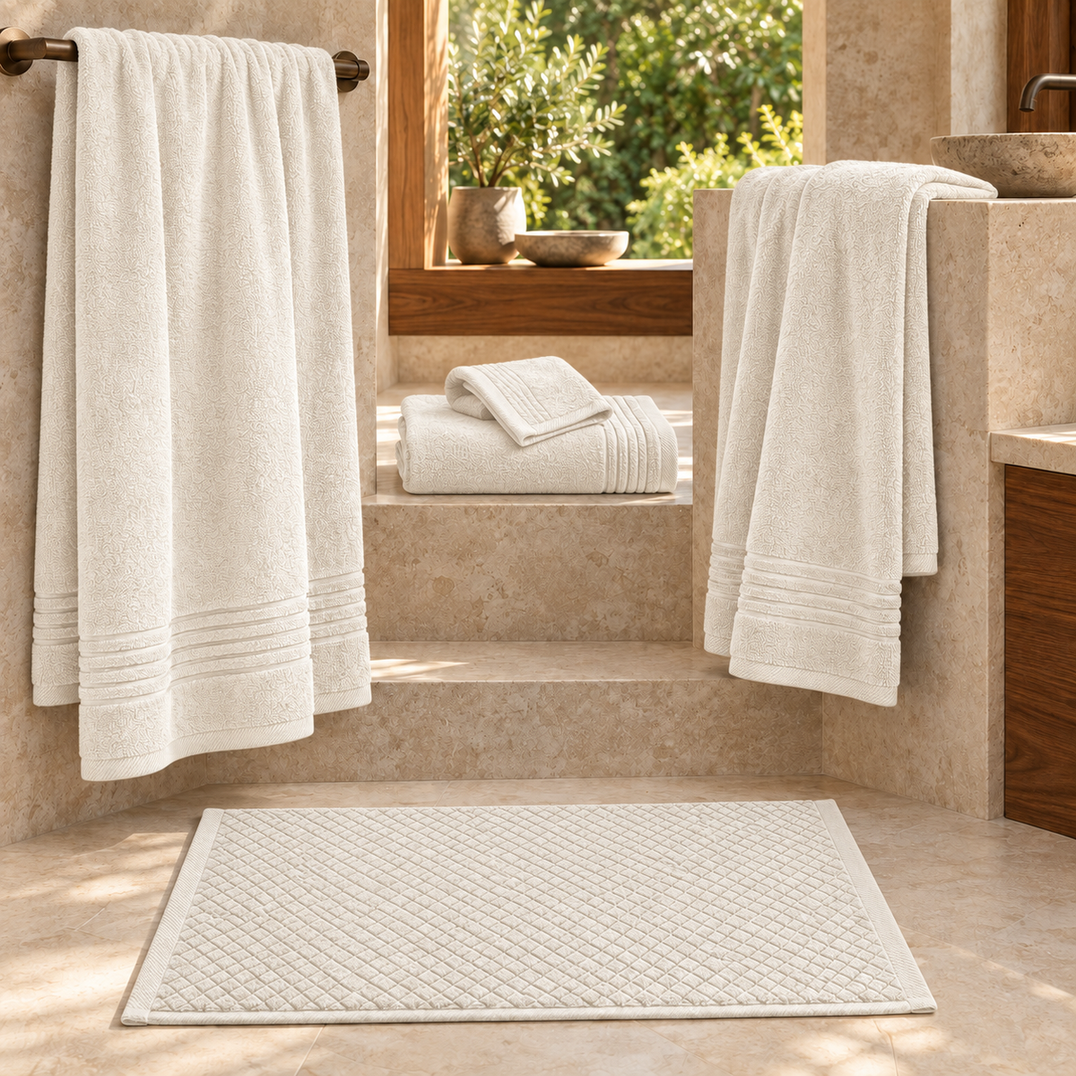 Essential towels and Diamond bath mat in Offwhite - bathroom collection styling; each item sold separately