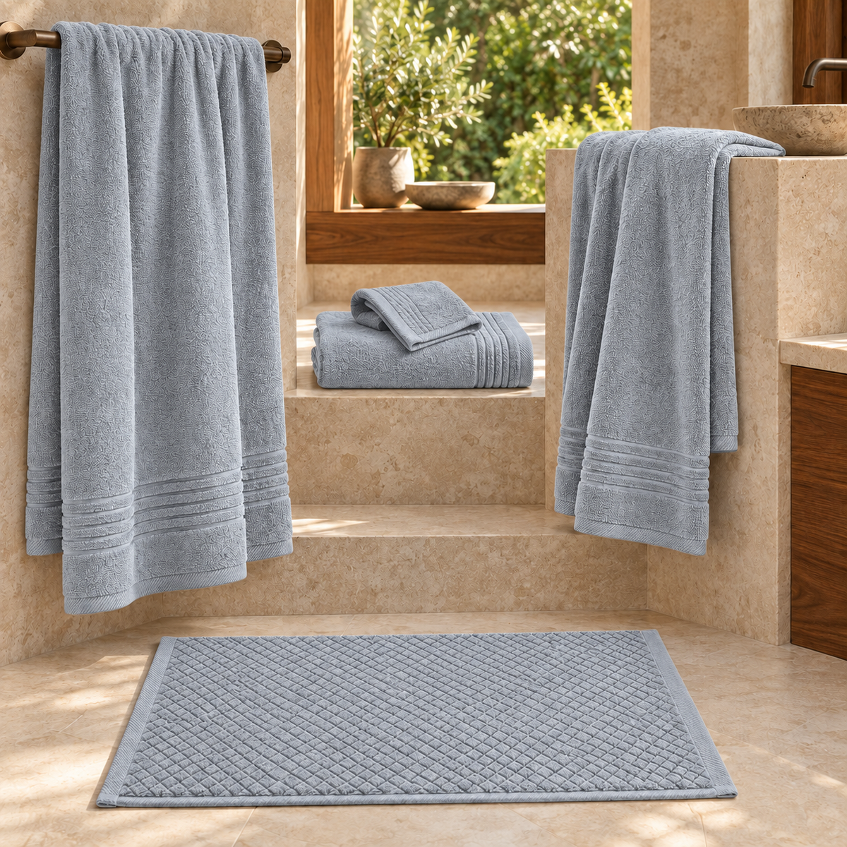 Essential towels and Diamond bath mat in Silver - bathroom collection styling; each item sold separately