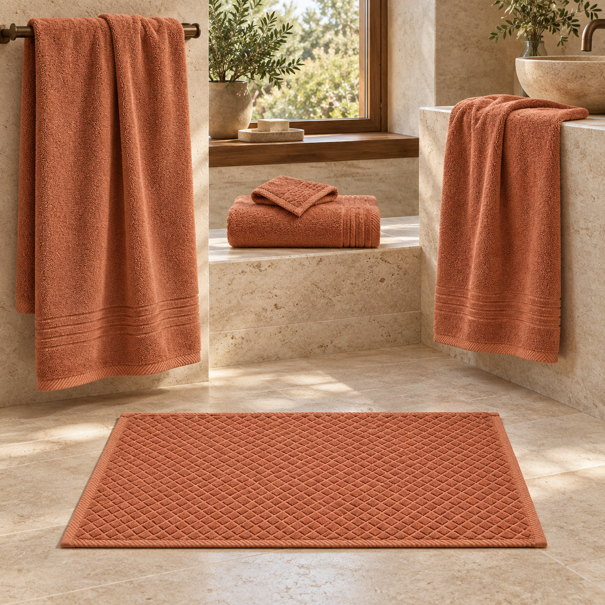 Essential towels and Diamond bath mat in Terra Cotta - bathroom collection styling; each item sold separately