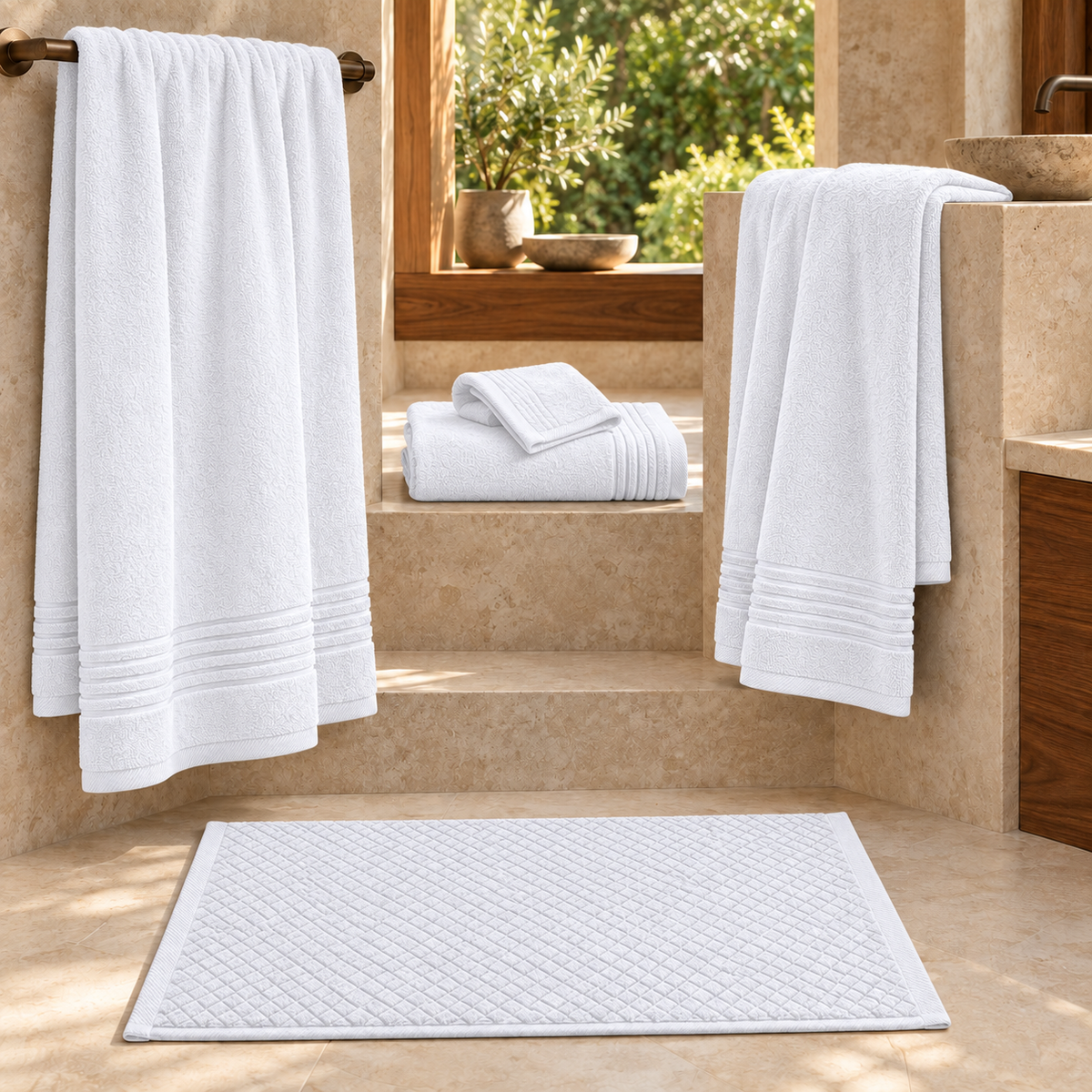 Essential towels and Diamond bath mat in White - bathroom collection styling; each item sold separately