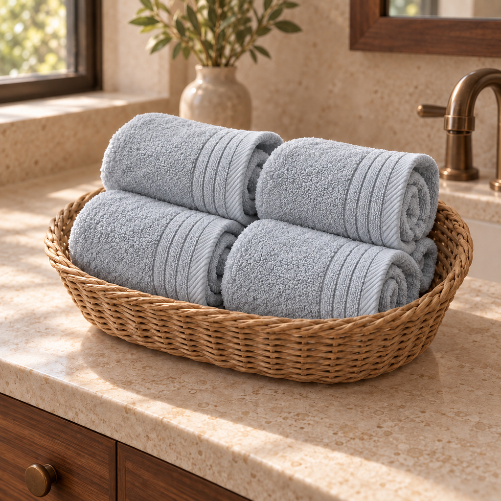 Essential 550 GSM Face Towel 30x30 cm in Silver - Rolled Basket; each towel sold separately