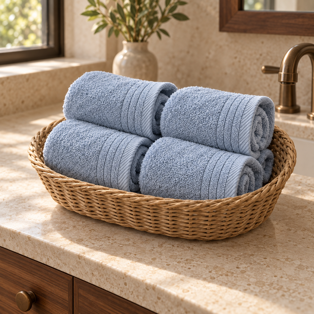 Essential towels, Aegean Blue, Face Towel 30x30, Rolled Basket