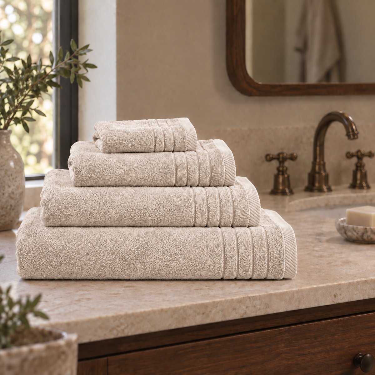 Essential towels, Beige, All Four Towels, Folded Towel Set; each towel sold individually