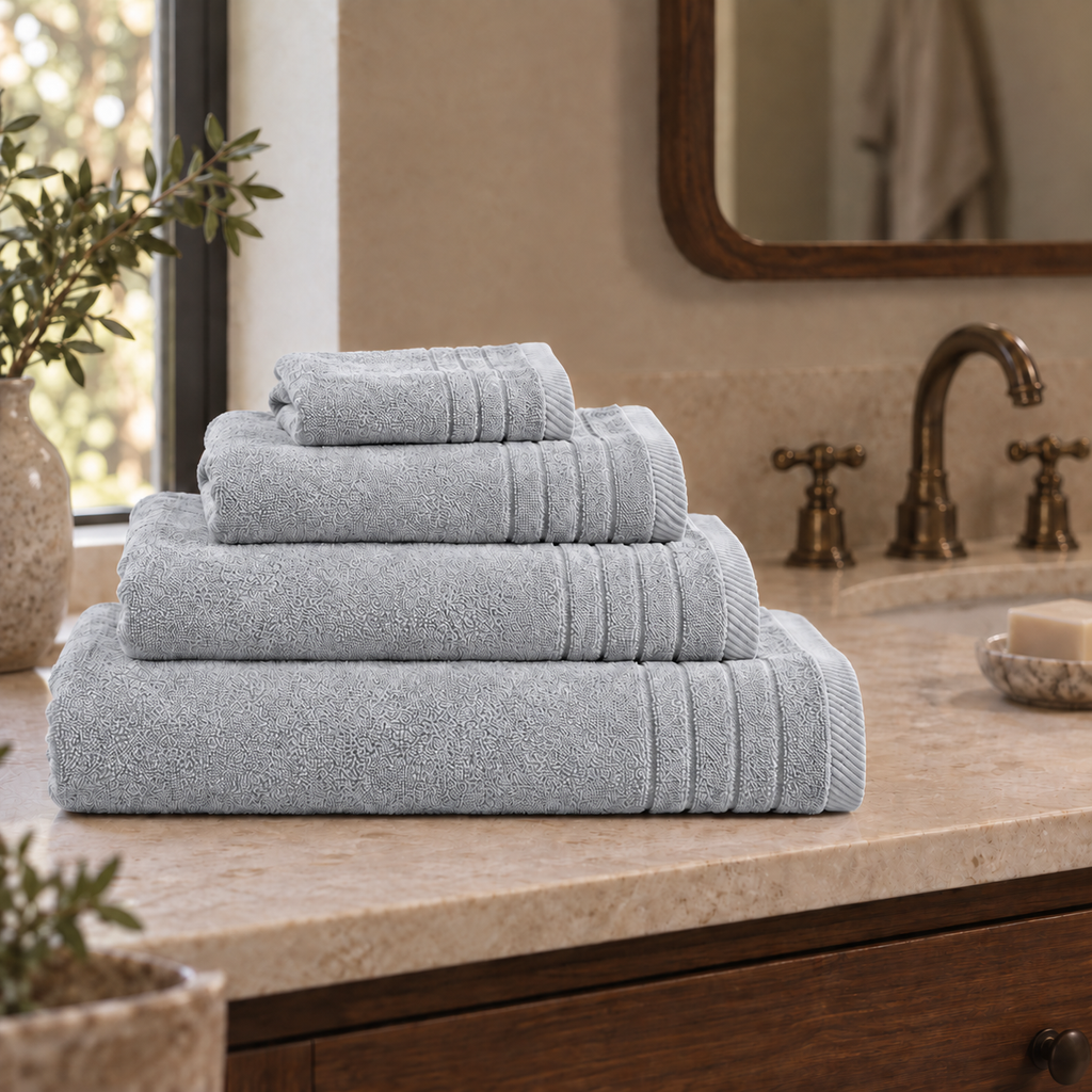 Essential towels, Silver, All Four Towels, Folded Towel Set; each towel sold individually
