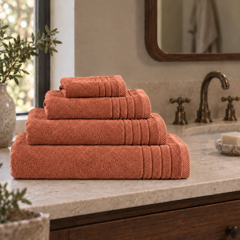 Essential towels, Terra Cotta, All Four Towels, Folded Towel Set; each towel sold individually