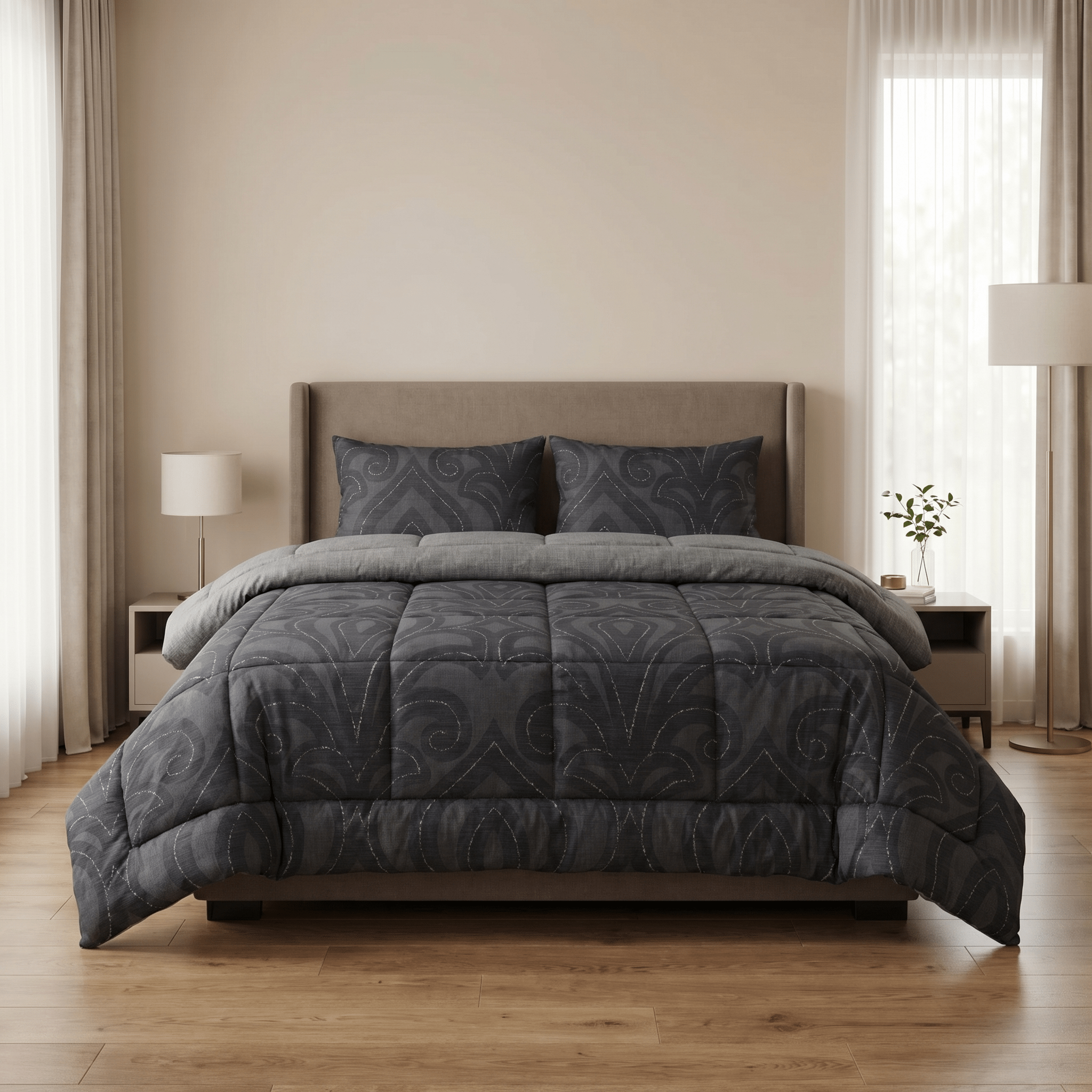 Noir Crest Tencel King Comforter Set - Elbadrawi Home